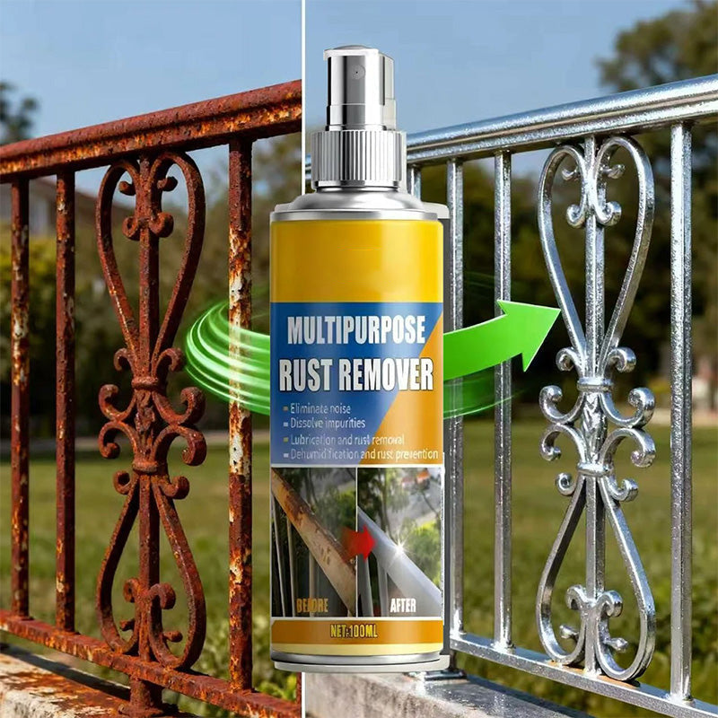 Arenzza heavy-duty rust dissolver spray for metal surfaces in a household cleaning setting showing the product bottle and application area.