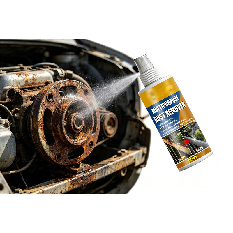 Arenzza heavy-duty rust dissolver for metal surfaces in a household cleaning setting, showing the rust remover spray and clean metal.