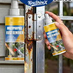 Arenzza heavy-duty rust dissolver spray applied to metal surface for household cleaning, showing rust removal process.