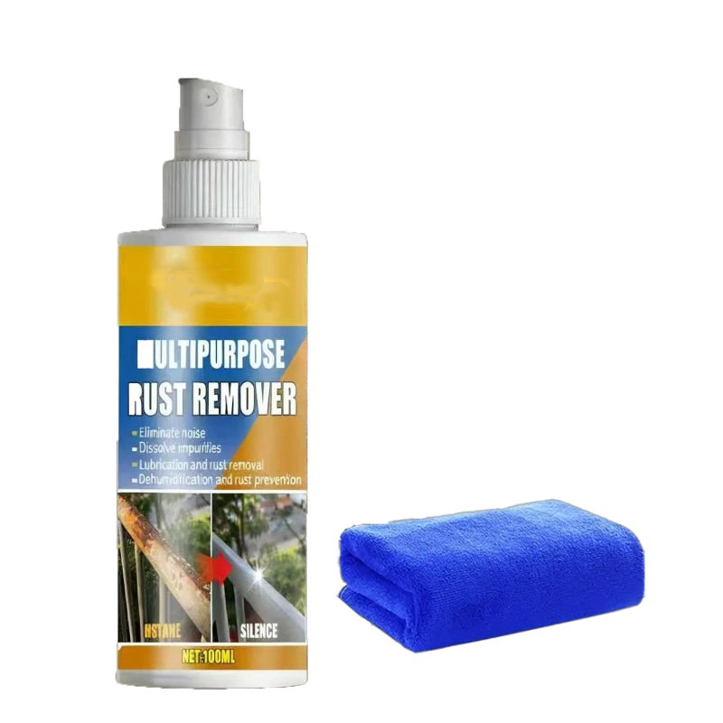 Arenzza heavy-duty rust dissolver for metal surfaces in a household cleaning setting, showing a spray bottle and cleaned metal.