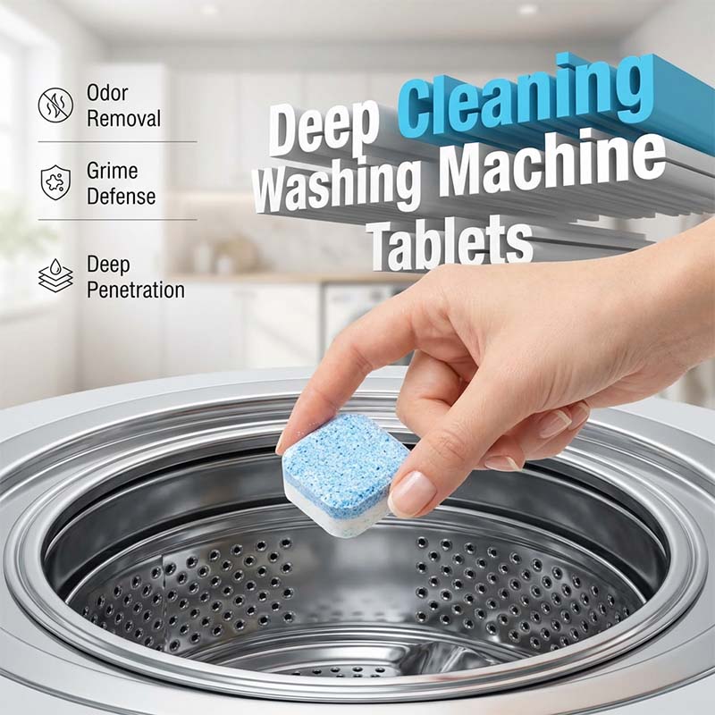 Arenzza washing machine cleaner effervescent tablets for household cleaning, shown in a clear image with multiple tablets.