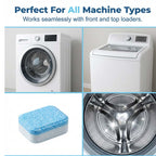 Arenzza washing machine cleaner effervescent tablets for household cleaning, shown in a close-up image with tablets in a container