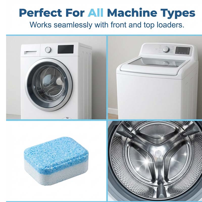 Arenzza washing machine cleaner effervescent tablets for household cleaning, shown in a close-up image with tablets in a container