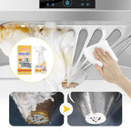 Arenzza multifunctional kitchen foam cleaner with a cleaning cloth, shown in use on kitchen surfaces for household cleaning.
