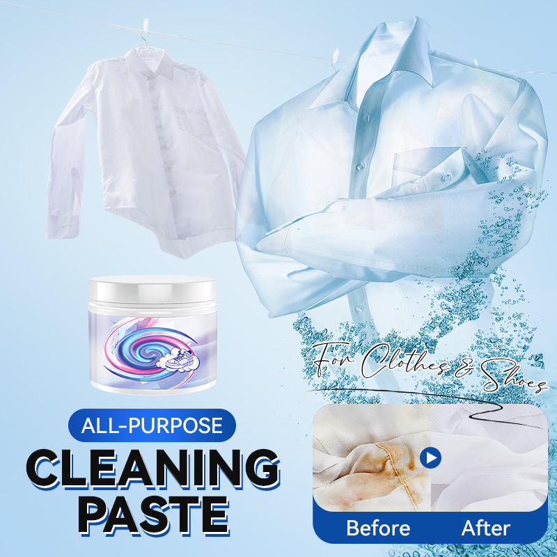 Arenzza all-purpose cleaning paste for clothes and shoes, showing the paste in a container with a clean cloth and shoes in the background.