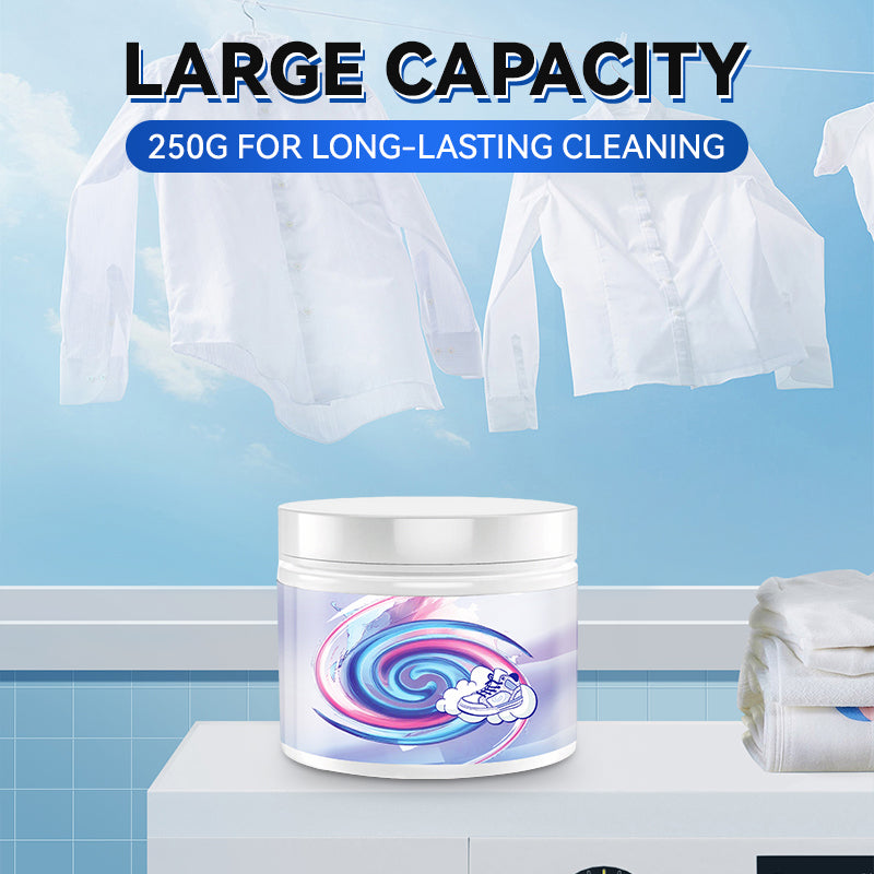 Arenzza all-purpose cleaning paste for clothes and shoes, showing the paste in a container with a cleaning cloth and shoes in the background.