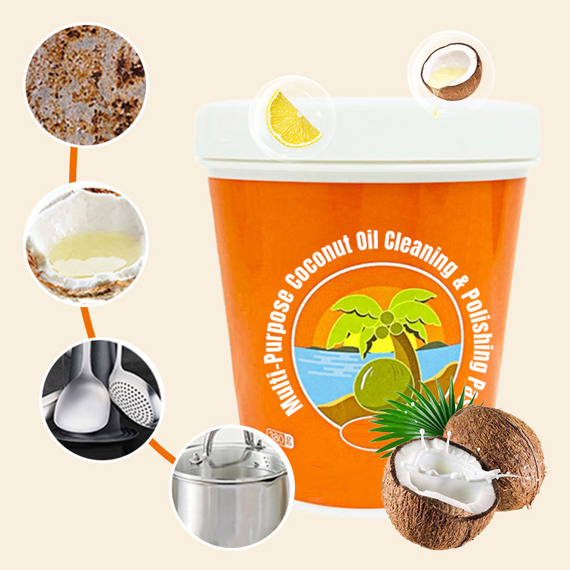 Arenzza multi-purpose coconut oil cleaning and polishing paste in a jar, used for household cleaning and surface polishing.