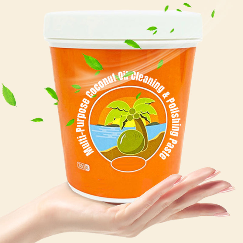 Arenzza multi-purpose coconut oil cleaning and polishing paste in a jar, showing the natural creamy texture for household cleaning.
