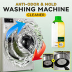 Arenzza Anti-Odor & Mold Washing Machine Cleaner bottle shown with clean washing machine drum in the background.