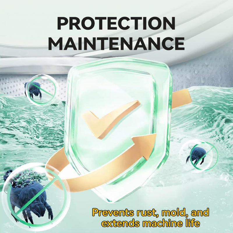 Aarenza Anti-Odor and Mold Washing Machine Cleaner for household use, shown in a clear container with cleaning tablets.