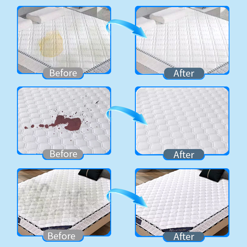 Arenzza Mattress Yellow Stain Cleaner for household use, showing a yellow bottle and cleaning surface with a mattress stain.
