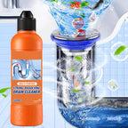 Aarenza multi-purpose dissolving drain cleaner for household use, shown in a container with a bright label and cleaning supplies.