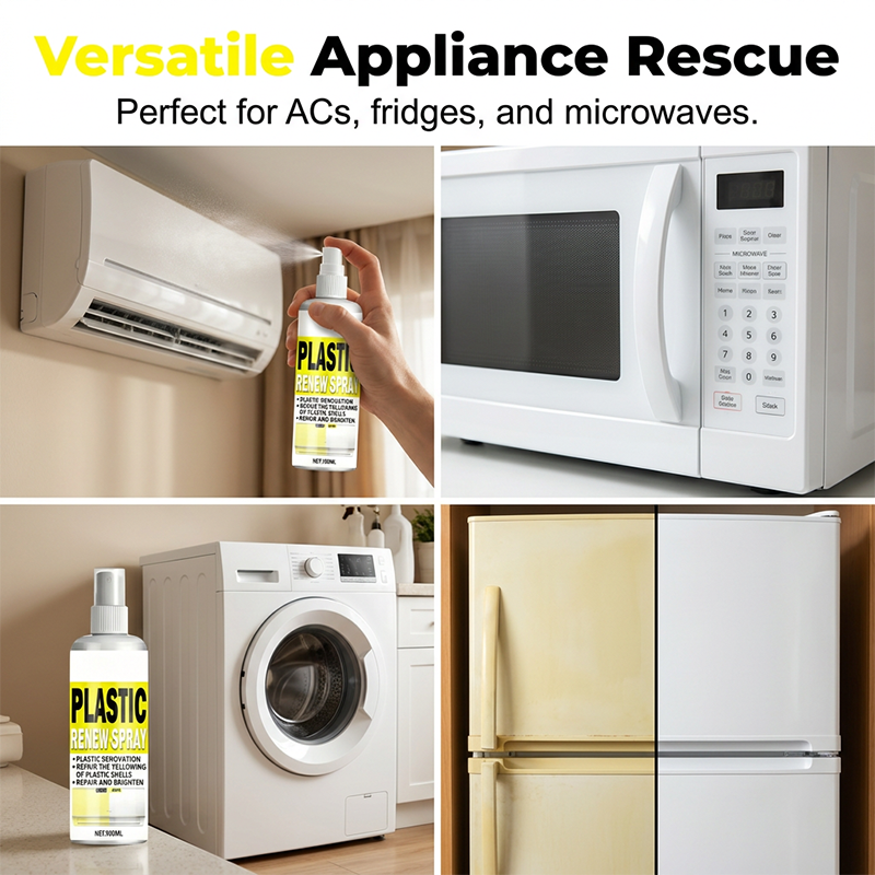 Arenzza appliance shell whitening and repair spray bottle, showing white plastic surface with restored and clean appearance for household appliances.