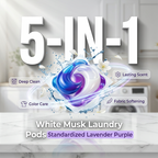 Arenzza 5-in-1 White Musk Laundry Detergent Pods in a container, designed for household cleaning, with 80 pods visible.