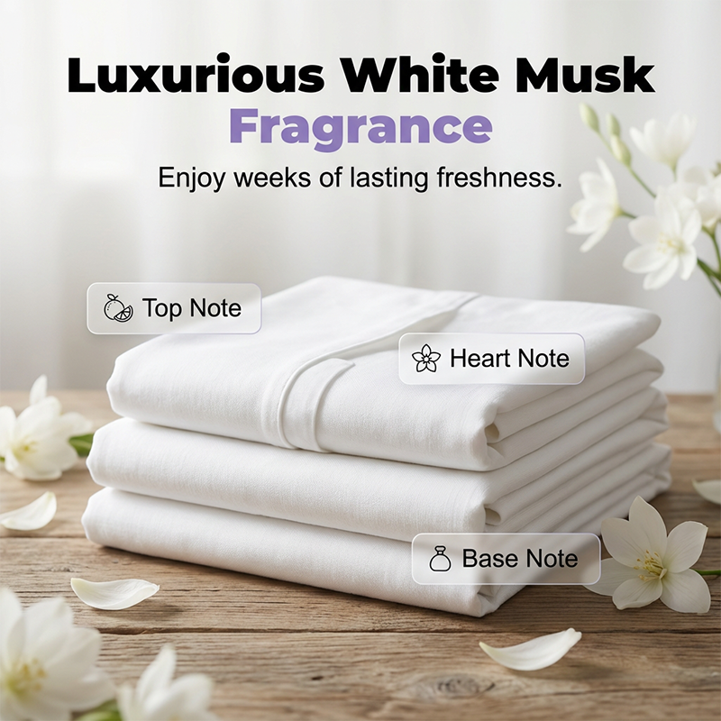 Arenzza 5-in-1 White Musk laundry detergent pods in a box, showcasing 80 household cleaning pods with white and blue packaging