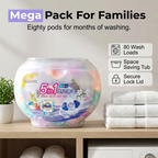 A box of Arenzza 5-in-1 White Musk laundry detergent pods with 80 capsules for household cleaning.