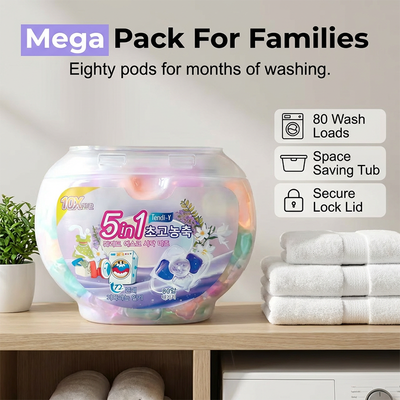 A box of Arenzza 5-in-1 White Musk laundry detergent pods with 80 capsules for household cleaning.