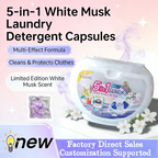 Arenzza 5-in-1 White Musk laundry detergent pods in a box, designed for household cleaning, with 80 pods for fresh, clean clothes.
