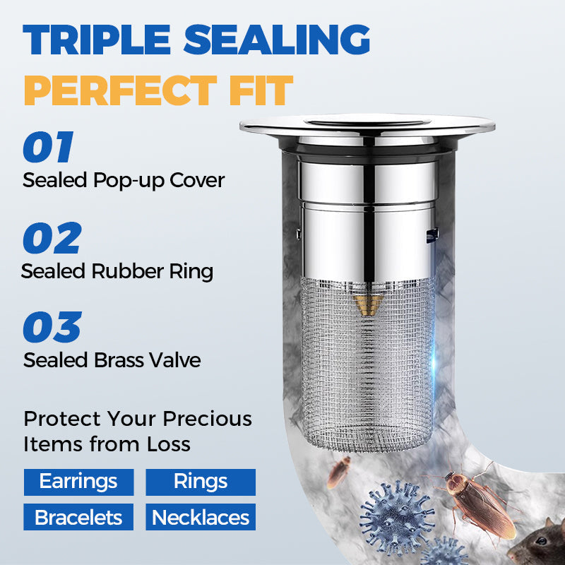 Arenzza universal pop-up sink drain filter catching debris in a household kitchen sink, designed to prevent clogs and easy to clean.