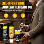 Arenzza All-in-One Shoe and Leather Care Oil bottle with applicator brush for household cleaning and leather maintenance.