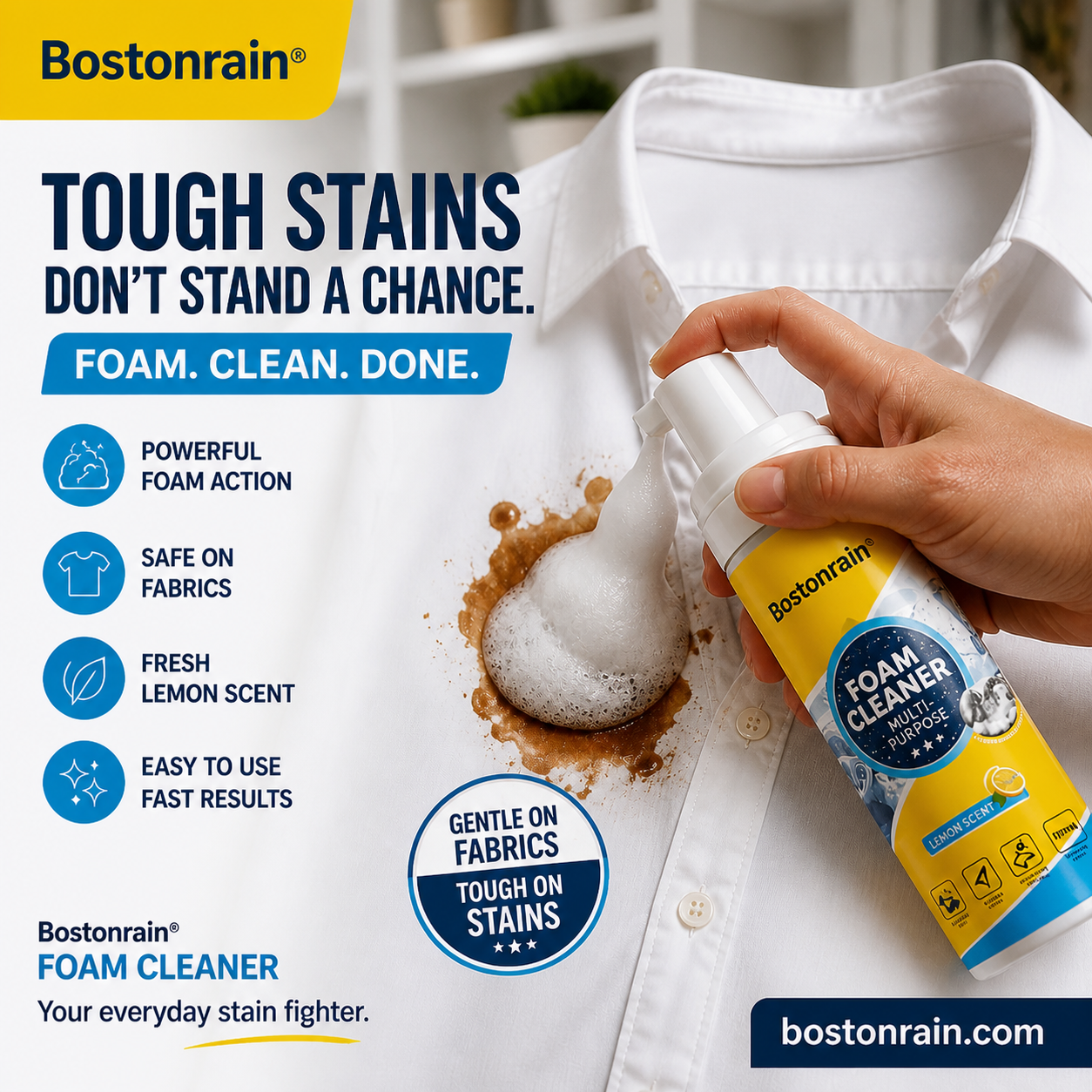 Arenzza multi-purpose foam cleaner spray for household cleaning, showing a bottle with foam and cleaning surface in the background.