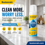 Arenzza multi-purpose foam cleaner spray showing a bottle with foam and cleaned surfaces like leather and chrome.