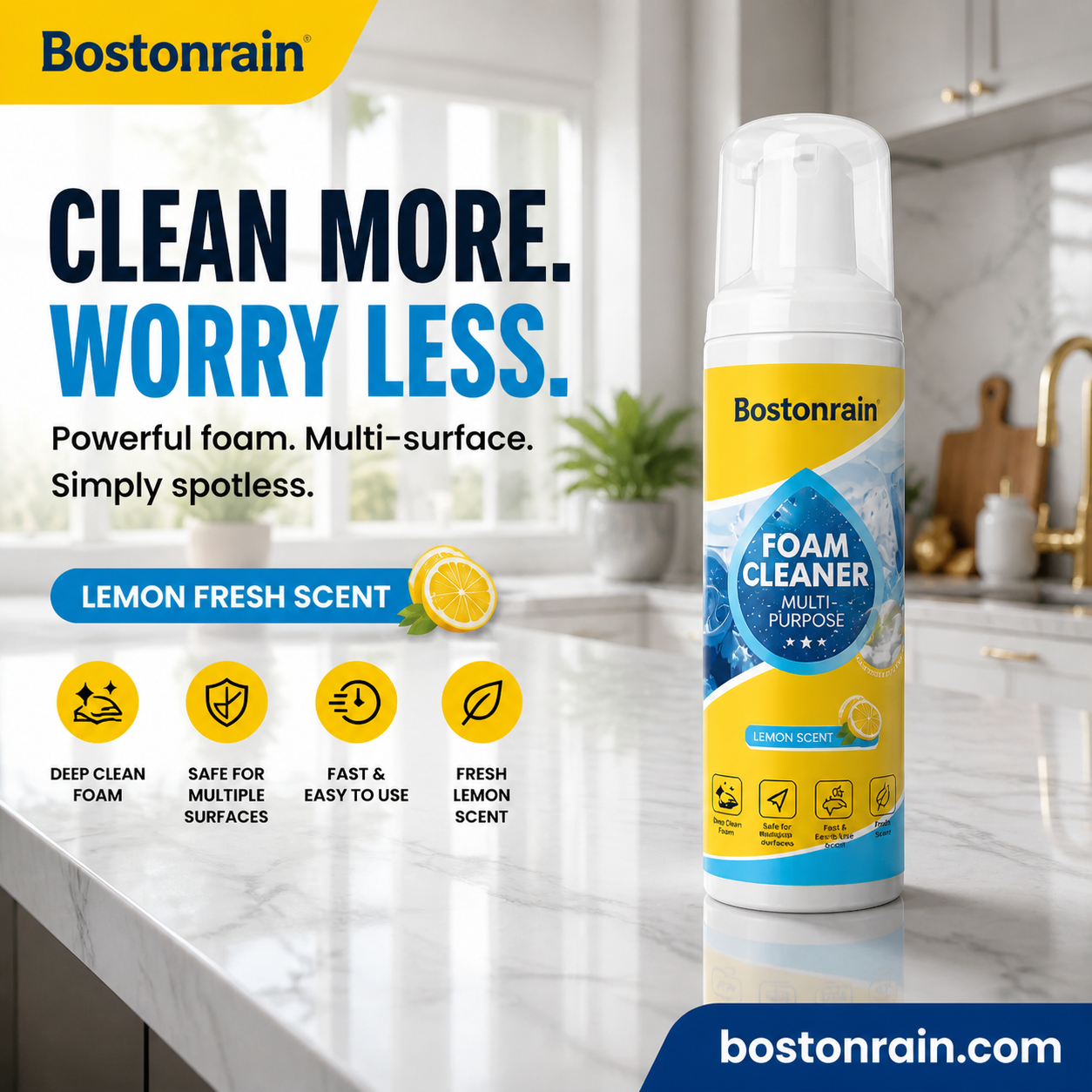 Arenzza multi-purpose foam cleaner spray showing a bottle with foam and cleaned surfaces like leather and chrome.