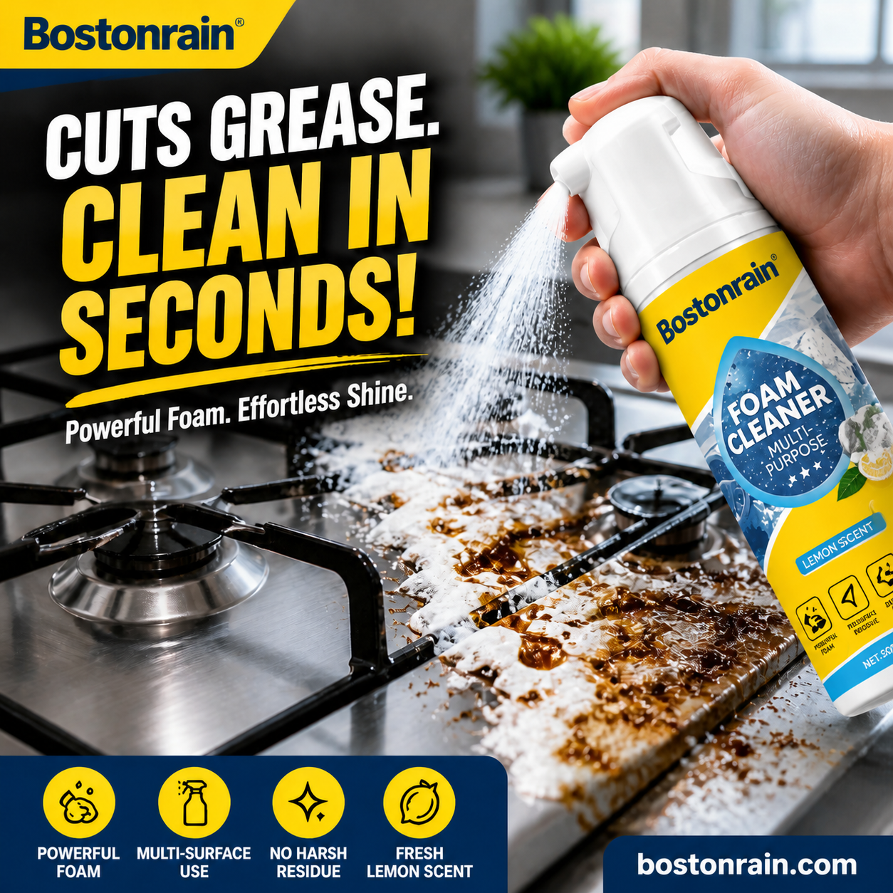 Arenzza multi-purpose foam cleaner for household use, showing a spray bottle with foam cleaner for grease and stain removal.