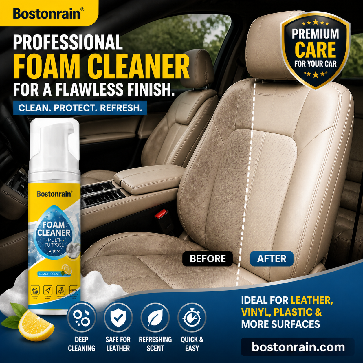 Arenzza multi-purpose foam cleaner bottle with spray nozzle, used for cleaning grease, stains, leather, and chrome surfaces.