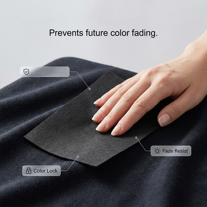 Arenzza Ultra-Black Clothing Blackening Sheets for household cleaning, showing black sheets designed to restore dark clothing.