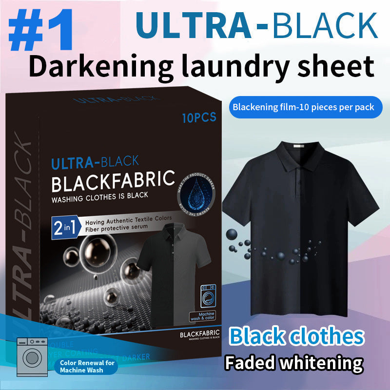 Arenzza Ultra-Black Clothing Blackening Sheets for household cleaning, showing black sheets with cloth and cleaning tools.
