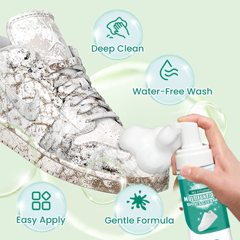 Arenzza multi-functional mild shoes cleaner bottle for household use, showing the cleaning solution and applicator brush.