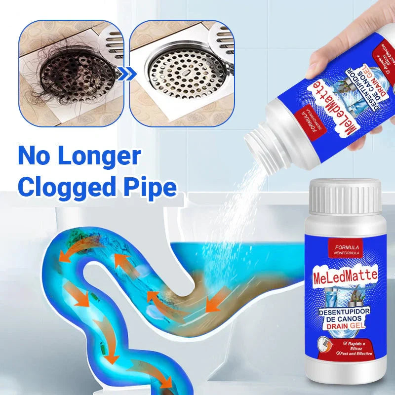 Arenzza household pipe dredging agent bottle for fast, safe clog removal, shown with cleaning tools on a white background.