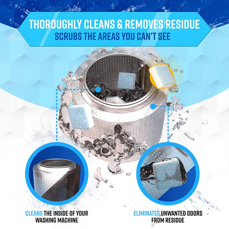 Arenzza washing machine deep cleaner tablets for household cleaning, shown in a container with five tablets.