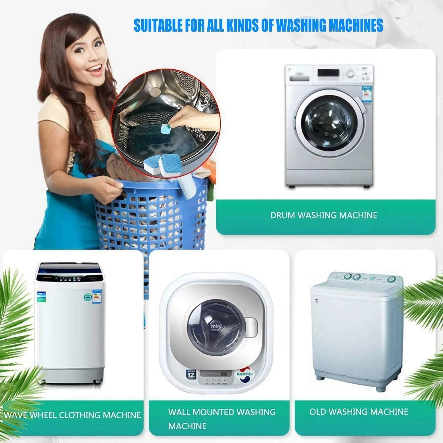 Arenzza washing machine deep cleaner tablets for household cleaning, showing three tablets in a clear container.