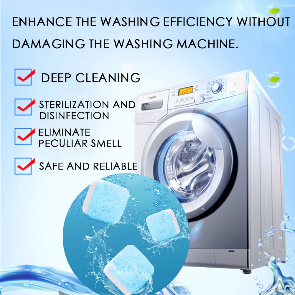 Arenzza Washing Machine Deep Cleaner Tablets for household cleaning, showing white tablets in a clear container.