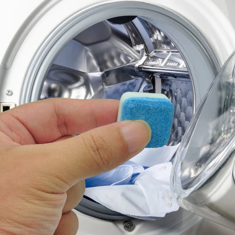 Arenzza washing machine deep cleaner tablets for household cleaning, shown in a container with clean washing machine drum in background.