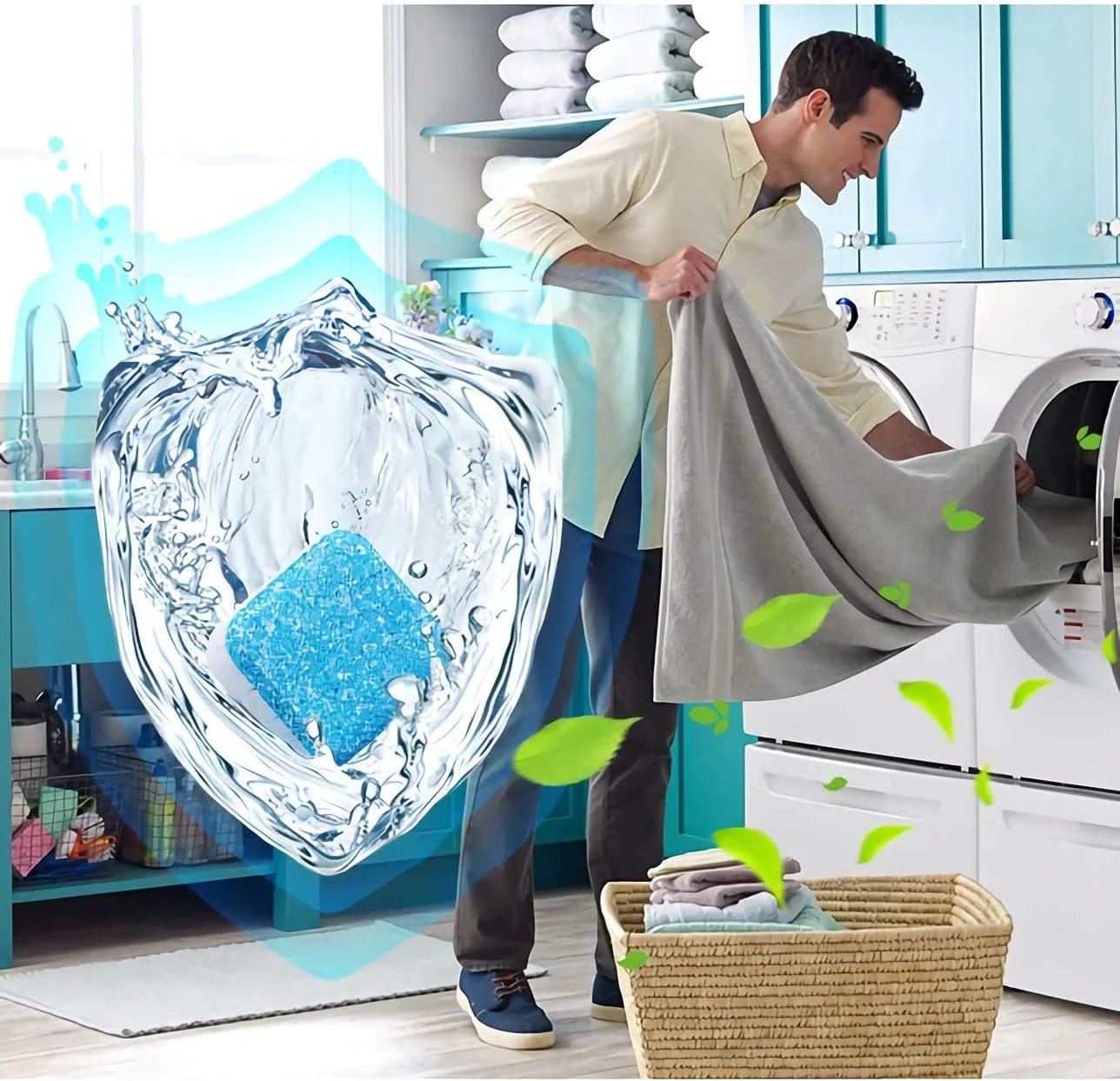 Arenzza washing machine deep cleaner tablets for household cleaning, shown as white tablets in a clear container.