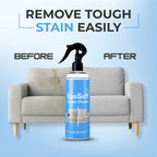Arenzza upholstery cleaner spray bottle with label, showing cleaning action on fabric surface, safe and tough on stains.