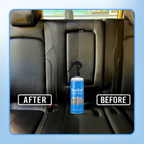 Arenzza upholstery cleaner spray bottle showing cleaning action, emphasizing stain removal and fabric safety for household use.