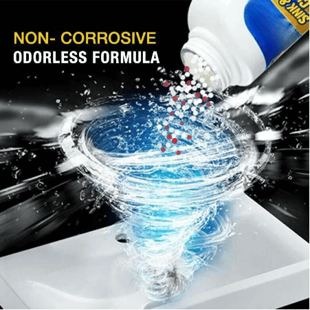 Arenzza sink and drain cleaner bottle for household cleaning, featuring a white and blue container with a nozzle for unclogging sinks.