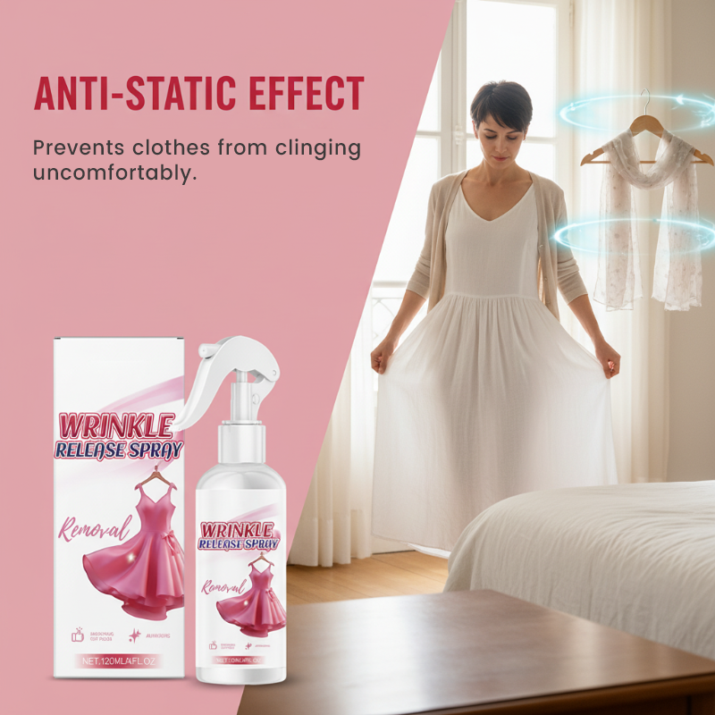 Aarenza Instant Static Guard and Wrinkle Release Spray for household use, shown in a spray bottle with a white cap.