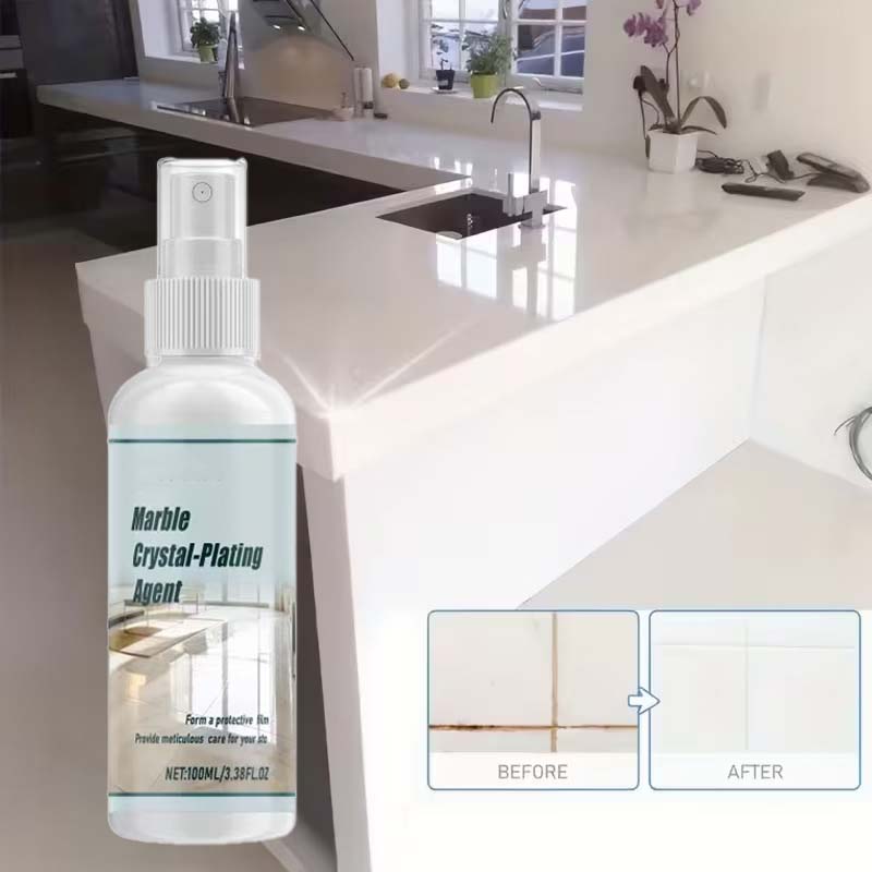 Arenzza Marble Crystal-Plating Agent for stone care, with a sleek bottle and marble surface background, used for household cleaning.