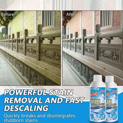 Arenzza Stone Stain Remover Cleaner showing a clean stone surface with rust and stain removal, perfect for household cleaning.