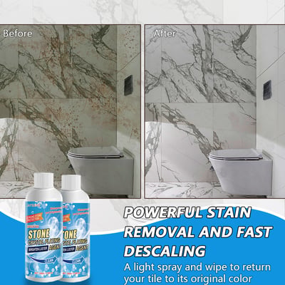 Arenzza stone stain remover cleaner applying to a stained stone surface for oxidation, rust, and stain removal in household cleaning.