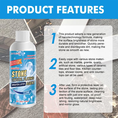 Arenzza Stone Stain Remover Cleaner for household use, showing a container of stain remover with a clean stone surface.