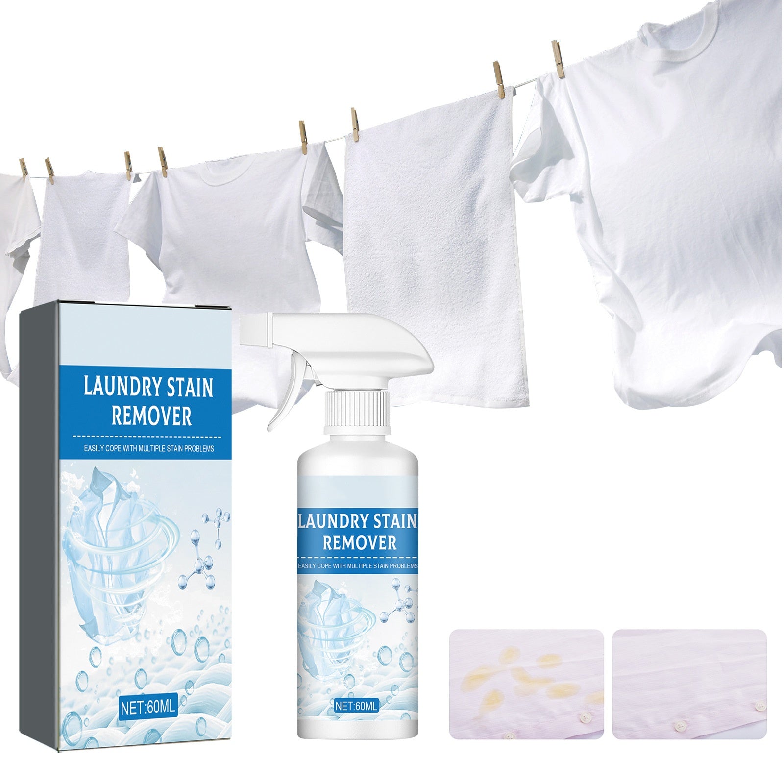 Arenzza laundry stain remover spray bottle with a spray nozzle, showcasing its powerful cleaning formula for household stain removal.