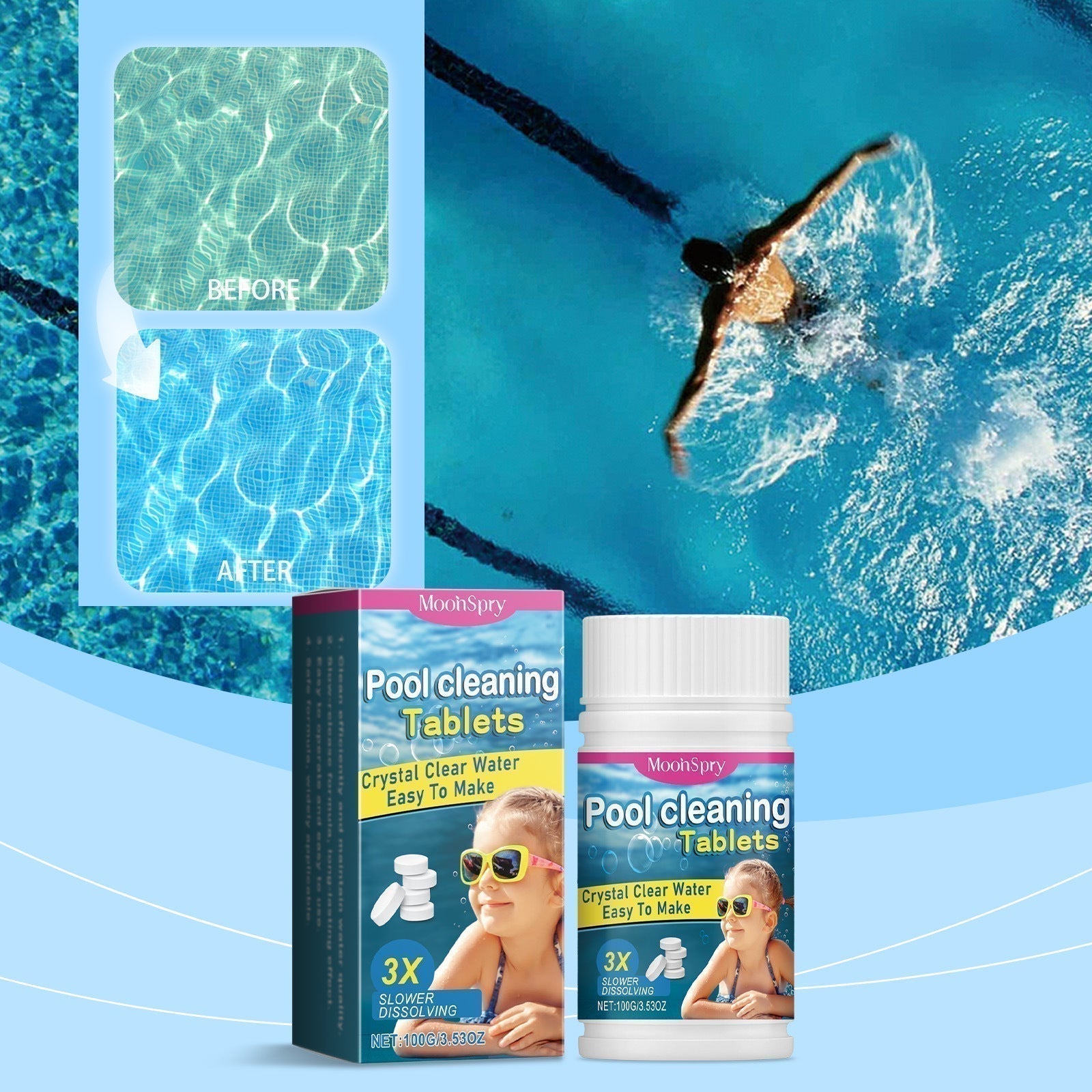 Arenzza pool cleaning tablets dissolving in water to keep pool water clear, suitable for household pool maintenance.