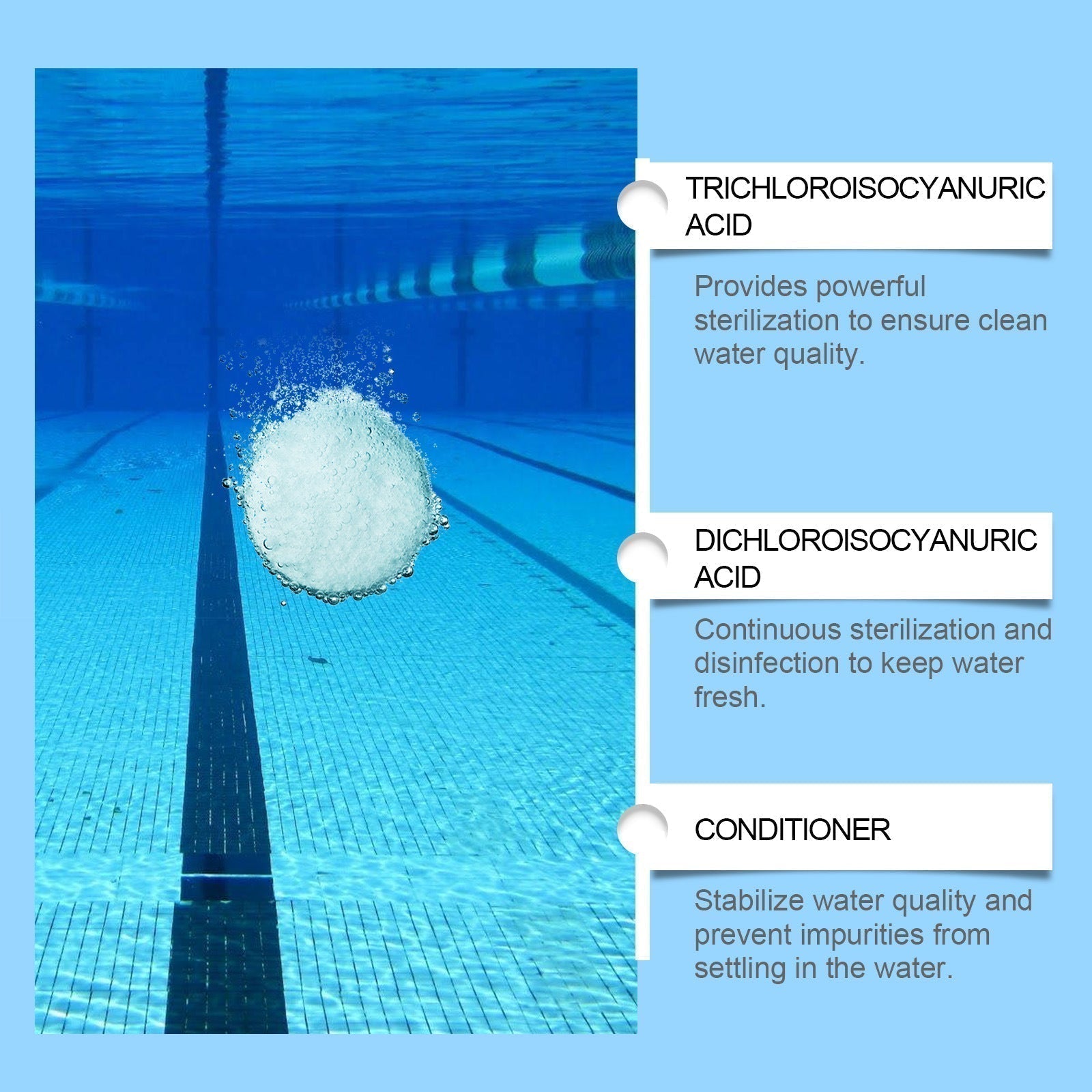 Arenzza pool cleaning tablets dissolving in water, designed for household use to keep pool water crystal clear.