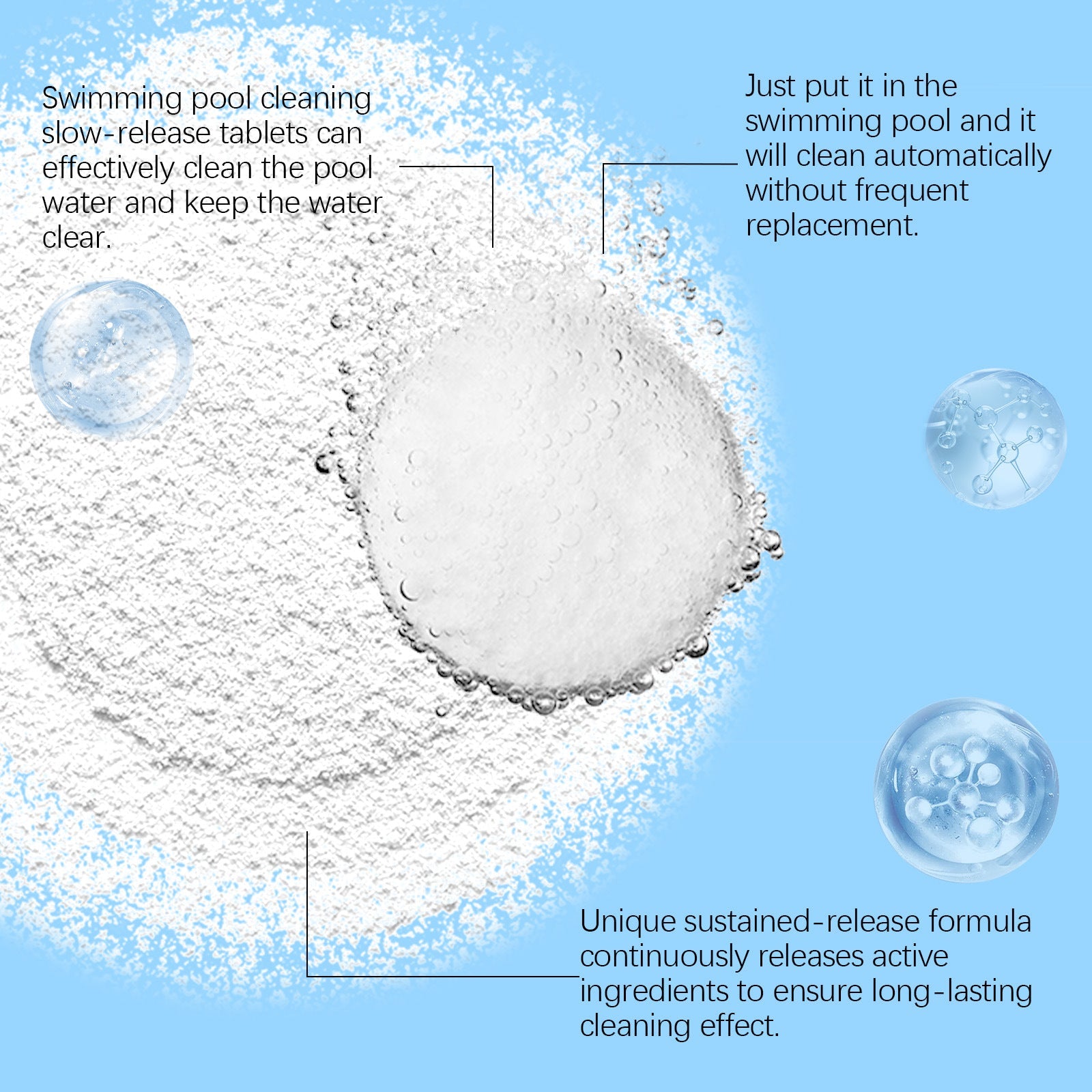 Arenzza pool cleaning tablets dissolving in water, used for maintaining crystal clear swimming pool water.